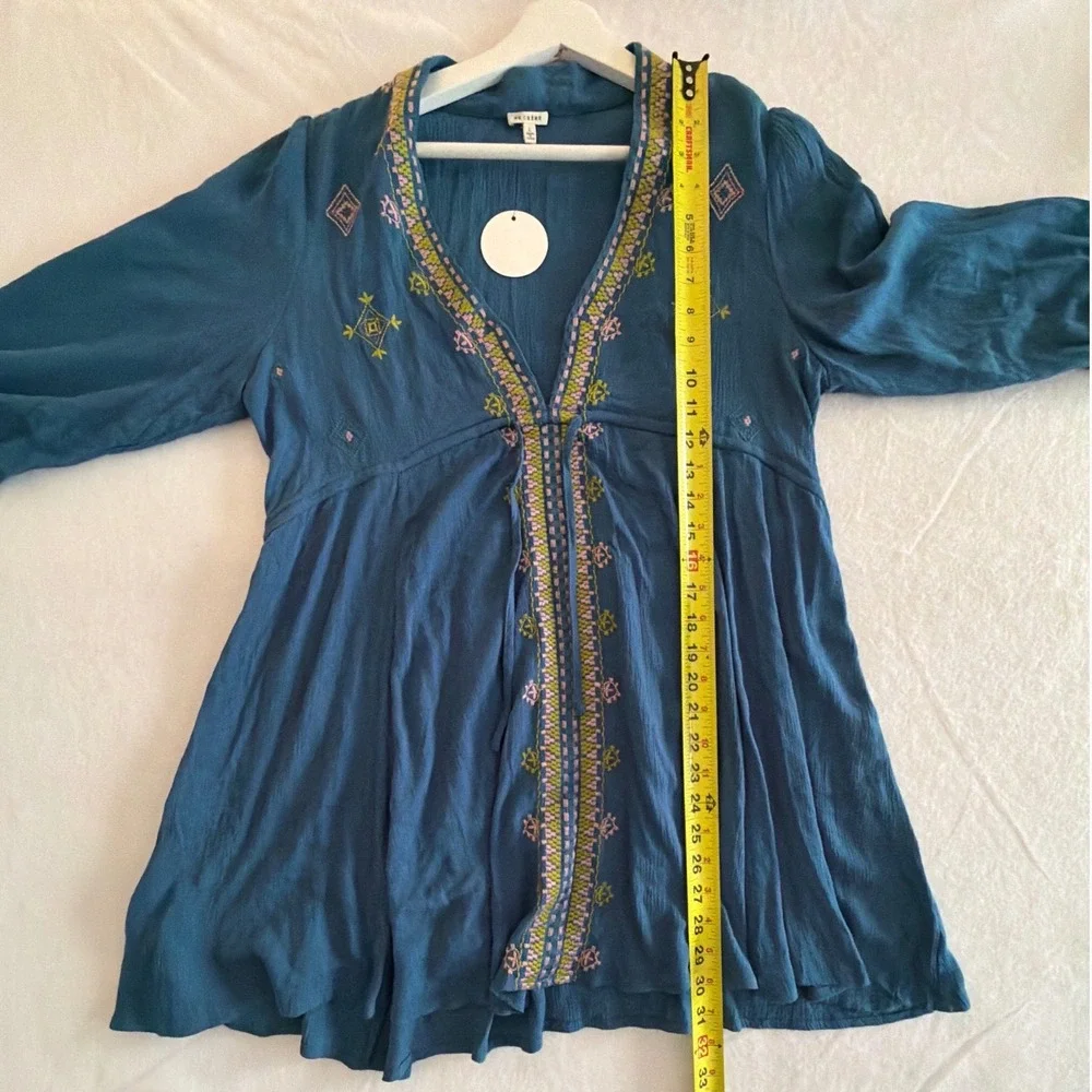 En Creme Womens Slate Blue Embroidered Babydoll Tunic Top Boho Rayon ED13940BL L